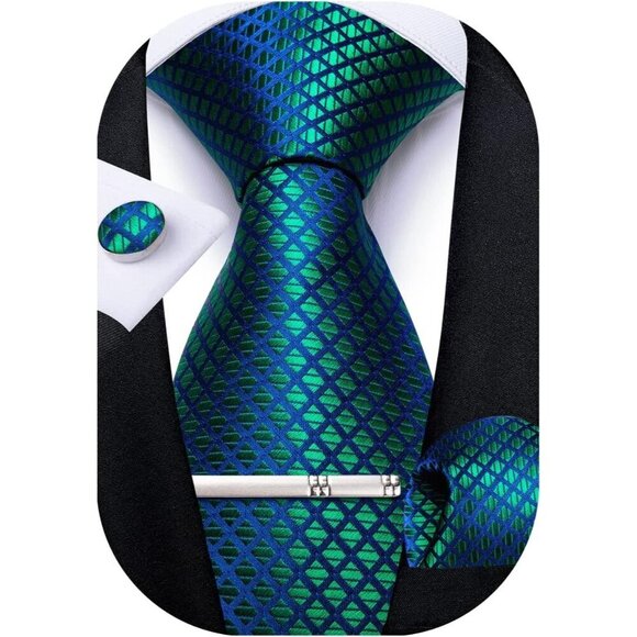 🆕Men Green Plaid Silk Checkered Necktie Pocket Square Cufflinks Tie Clip Set